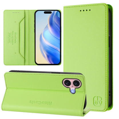 Apple iPhone 16 Dual-Folded Magnetic Suction RFID Blocking PU Leather Wallet Phone Case with Card Slots, Cash Pocket, Kickstand, Full Protective Flip Cover