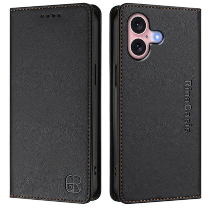 Apple iPhone 16 Dual-Folded Magnetic Suction RFID Blocking PU Leather Wallet Phone Case with Card Slots, Cash Pocket, Kickstand, Full Protective Flip Cover