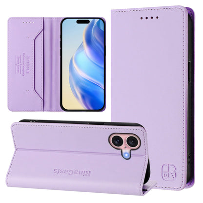 Apple iPhone 16 Dual-Folded Magnetic Suction RFID Blocking PU Leather Wallet Phone Case with Card Slots, Cash Pocket, Kickstand, Full Protective Flip Cover