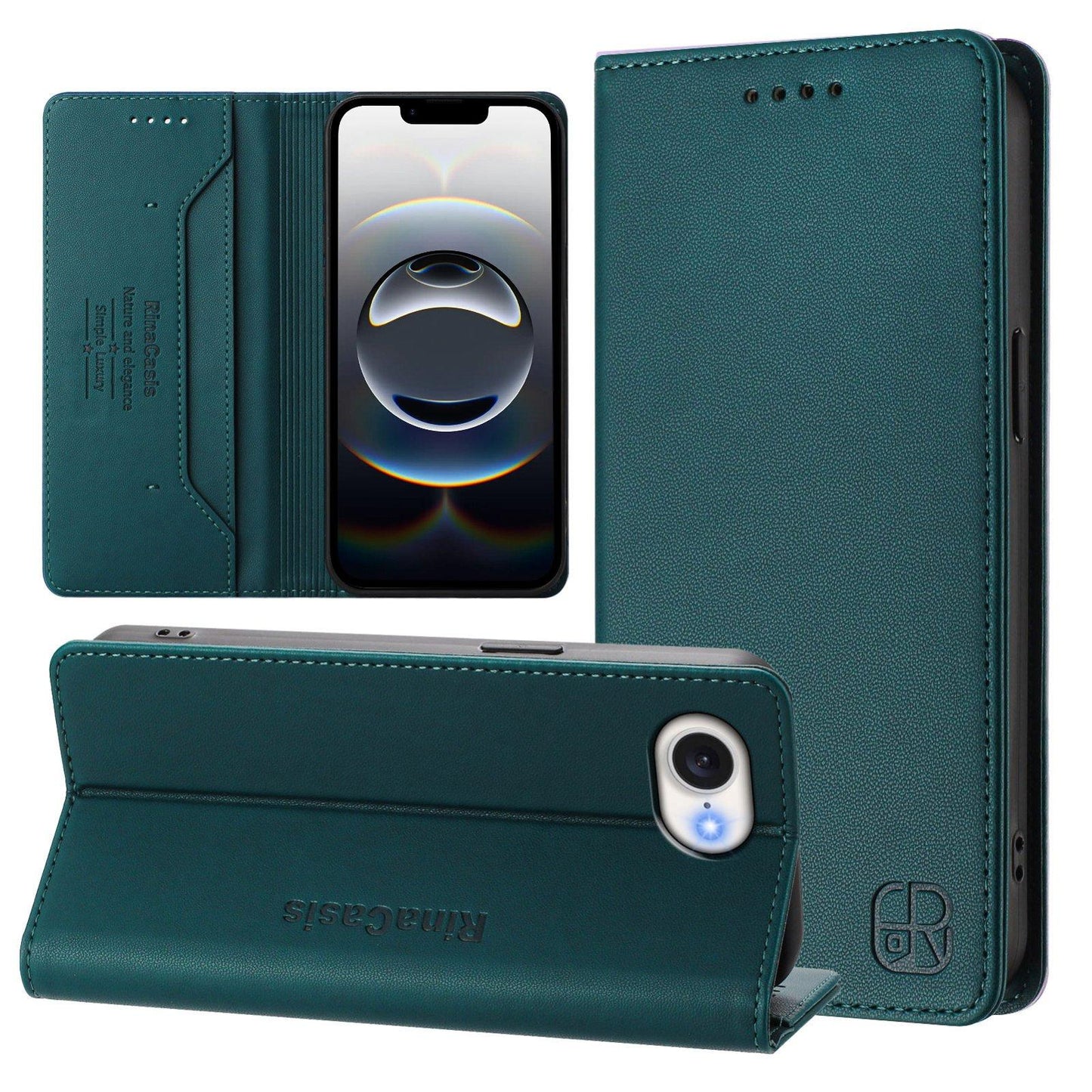 Apple iPhone 16e Dual-Folded Magnetic Suction RFID Blocking PU Leather Wallet Phone Case with Card Slots, Cash Pocket, Kickstand, Full Protective Flip Cover