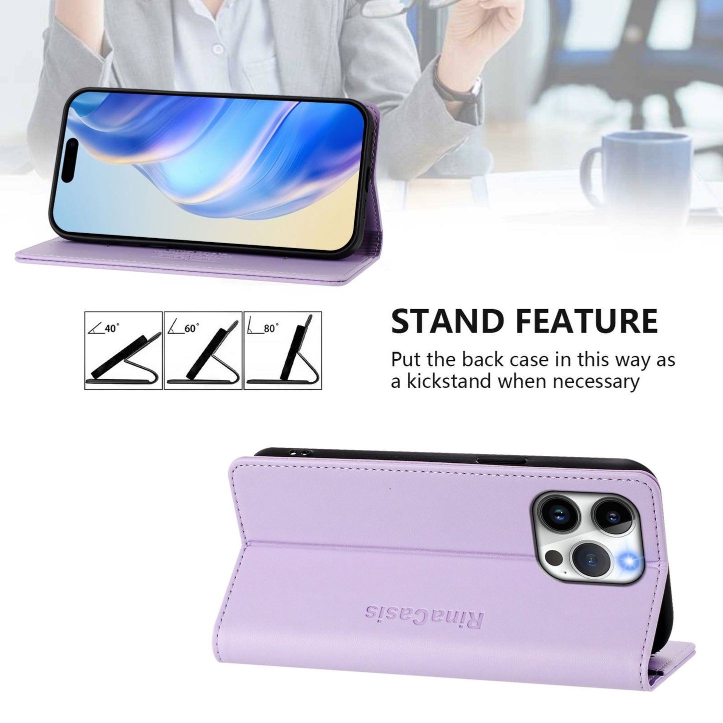 Apple iPhone 15 Pro Max Dual-Folded Magnetic Suction RFID Blocking PU Leather Wallet Phone Case with Card Slots, Cash Pocket, Kickstand, Full Protective Flip Cover