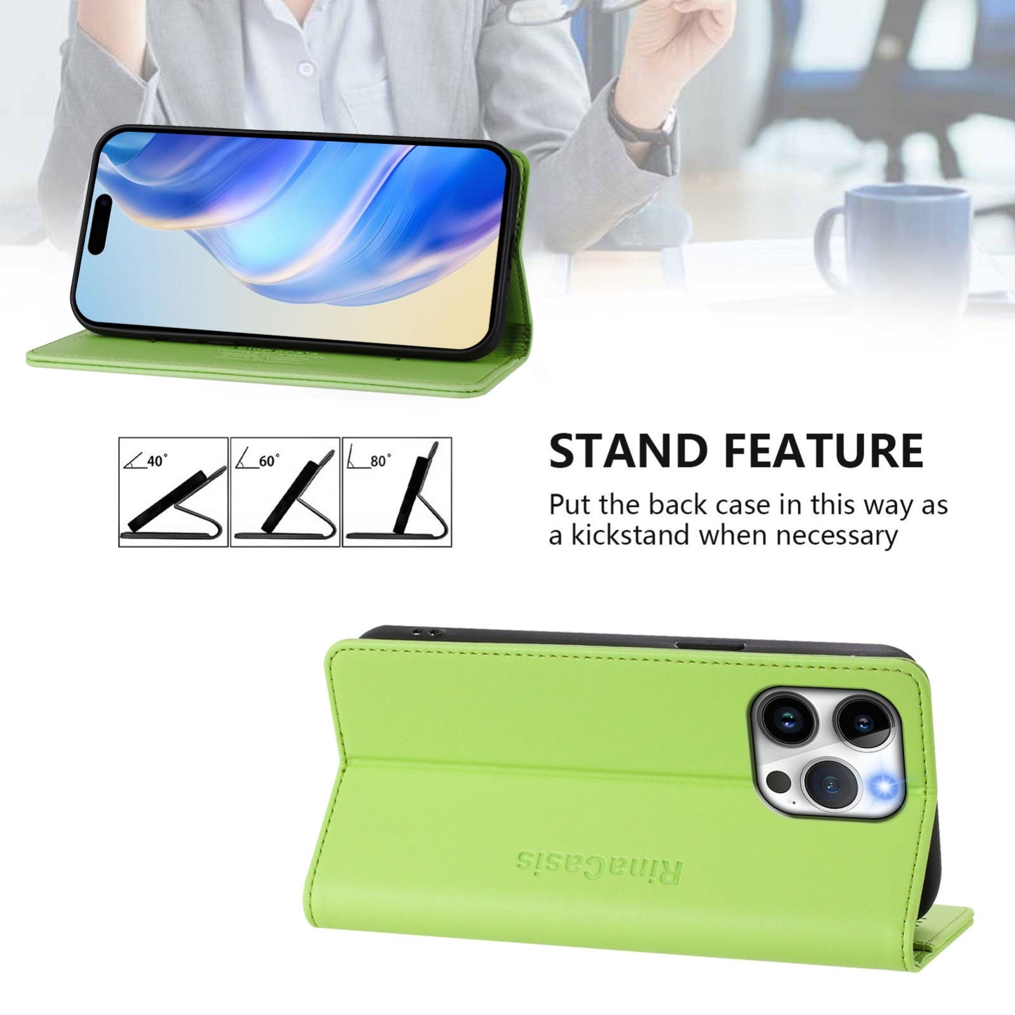 Apple iPhone 15 Pro Dual-Folded Magnetic Suction RFID Blocking PU Leather Wallet Phone Case with Card Slots, Cash Pocket, Kickstand, Full Protective Flip Cover