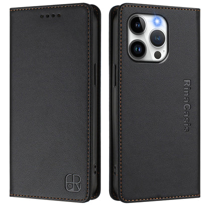Apple iPhone 15 Pro Dual-Folded Magnetic Suction RFID Blocking PU Leather Wallet Phone Case with Card Slots, Cash Pocket, Kickstand, Full Protective Flip Cover