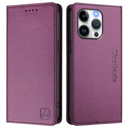 Apple iPhone 15 Pro Dual-Folded Magnetic Suction RFID Blocking PU Leather Wallet Phone Case with Card Slots, Cash Pocket, Kickstand, Full Protective Flip Cover