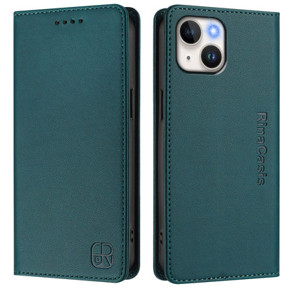 Apple iPhone 15 Plus Dual-Folded Magnetic Suction RFID Blocking PU Leather Wallet Phone Case with Card Slots, Cash Pocket, Kickstand, Full Protective Flip Cover