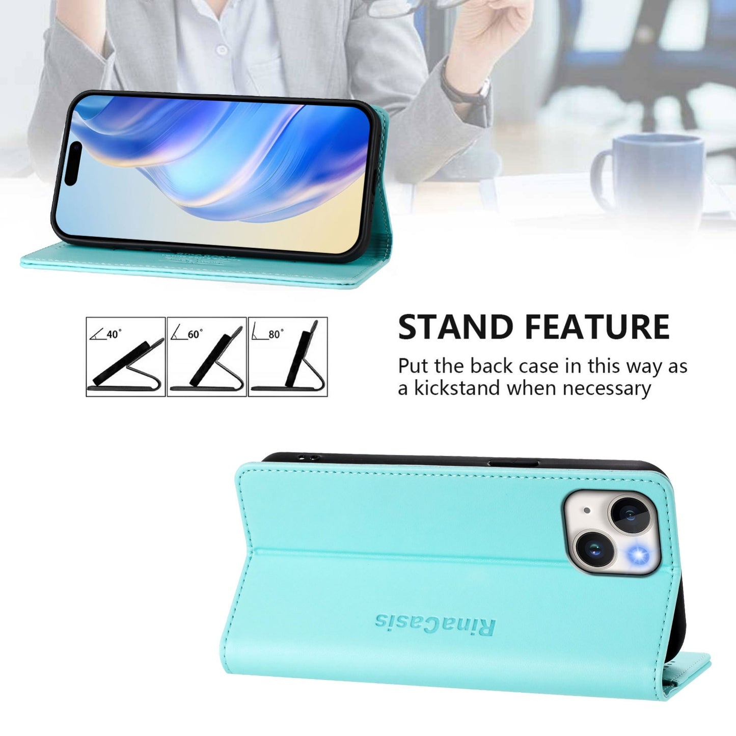Apple iPhone 14 Plus Dual-Folded Magnetic Suction RFID Blocking PU Leather Wallet Phone Case with Card Slots, Cash Pocket, Kickstand, Full Protective Flip Cover