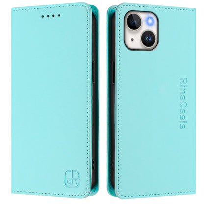 Apple iPhone 13 Dual-Folded Magnetic Suction RFID Blocking PU Leather Wallet Phone Case with Card Slots, Cash Pocket, Kickstand, Full Protective Flip Cover
