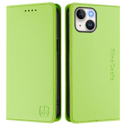Apple iPhone 13 Dual-Folded Magnetic Suction RFID Blocking PU Leather Wallet Phone Case with Card Slots, Cash Pocket, Kickstand, Full Protective Flip Cover