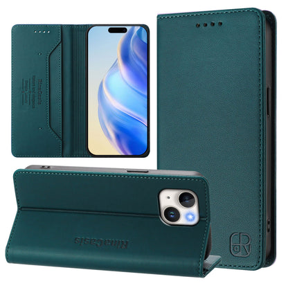 Apple iPhone 14 Dual-Folded Magnetic Suction RFID Blocking PU Leather Wallet Phone Case with Card Slots, Cash Pocket, Kickstand, Full Protective Flip Cover