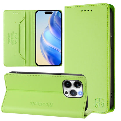 Apple iPhone 14 Pro Dual-Folded Magnetic Suction RFID Blocking PU Leather Wallet Phone Case with Card Slots, Cash Pocket, Kickstand, Full Protective Flip Cover