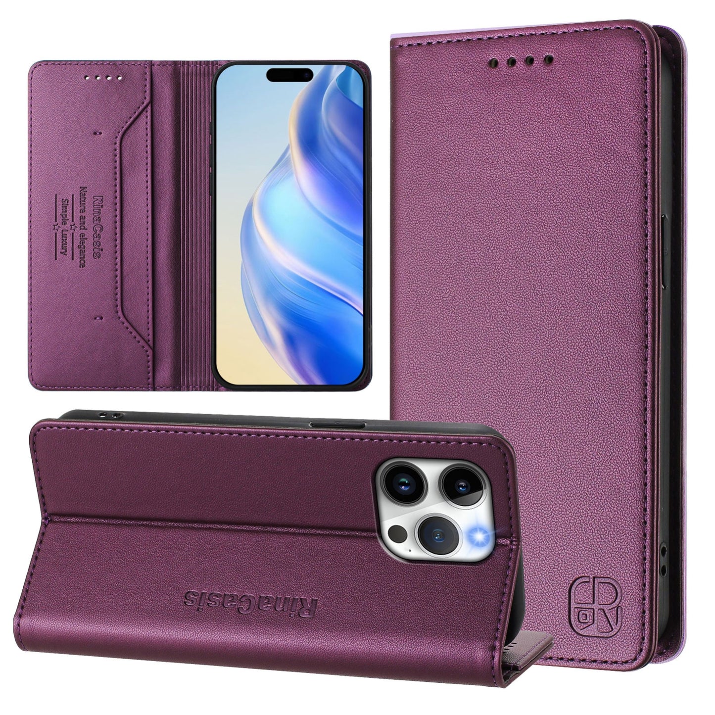 Apple iPhone 14 Pro Dual-Folded Magnetic Suction RFID Blocking PU Leather Wallet Phone Case with Card Slots, Cash Pocket, Kickstand, Full Protective Flip Cover