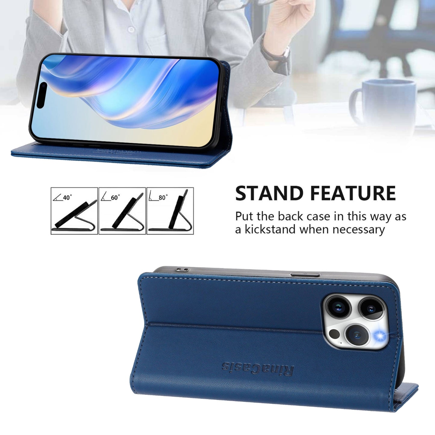 Apple iPhone 14 Pro Max Dual-Folded Magnetic Suction RFID Blocking PU Leather Wallet Phone Case with Card Slots, Cash Pocket, Kickstand, Full Protective Flip Cover
