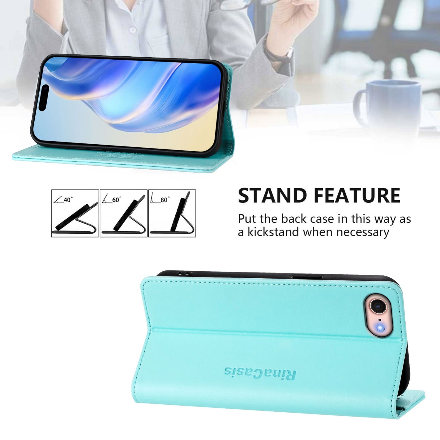 Apple iPhone 7 Dual-Folded Magnetic Suction RFID Blocking PU Leather Wallet Phone Case with Card Slots, Cash Pocket, Kickstand, Full Protective Flip Cover