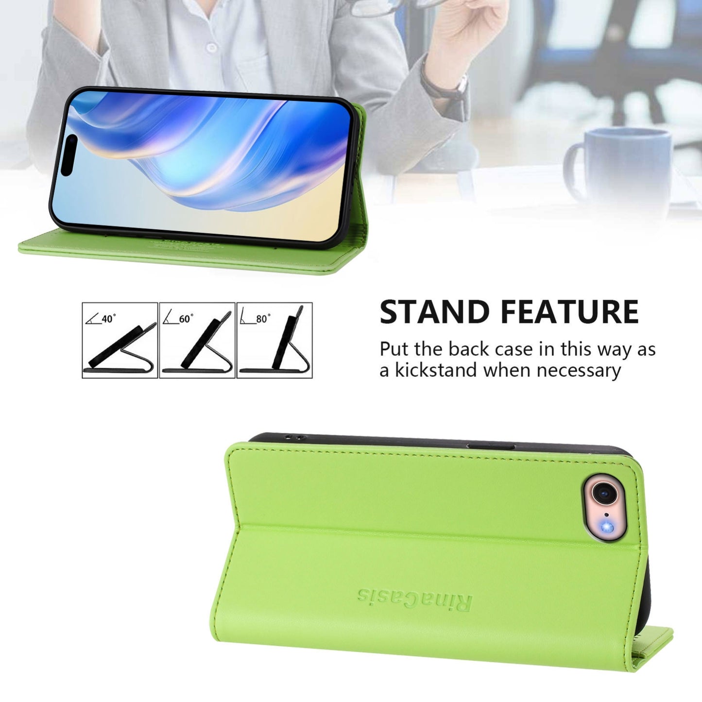 Apple iPhone 8 Dual-Folded Magnetic Suction RFID Blocking PU Leather Wallet Phone Case with Card Slots, Cash Pocket, Kickstand, Full Protective Flip Cover