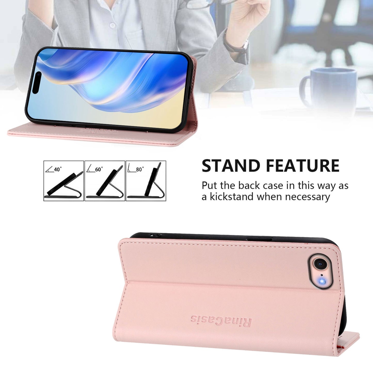 Apple iPhone SE 2022 Dual-Folded Magnetic Suction RFID Blocking PU Leather Wallet Phone Case with Card Slots, Cash Pocket, Kickstand, Full Protective Flip Cover