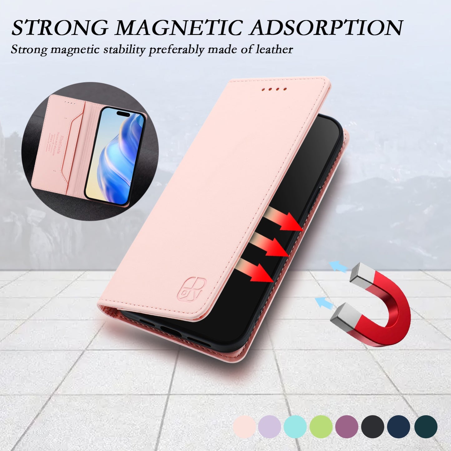 Apple iPhone 7 Dual-Folded Magnetic Suction RFID Blocking PU Leather Wallet Phone Case with Card Slots, Cash Pocket, Kickstand, Full Protective Flip Cover