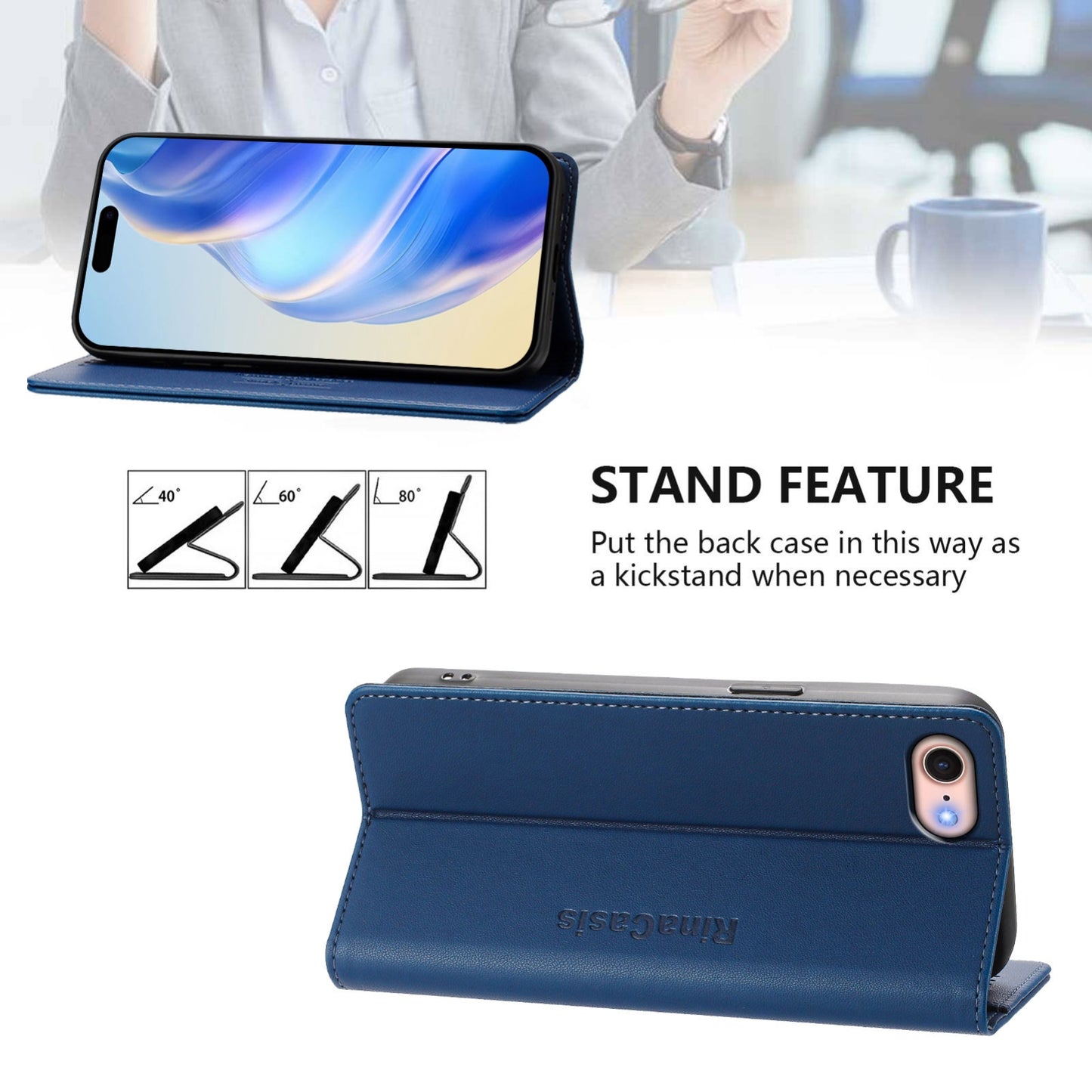 Apple iPhone 7 Dual-Folded Magnetic Suction RFID Blocking PU Leather Wallet Phone Case with Card Slots, Cash Pocket, Kickstand, Full Protective Flip Cover