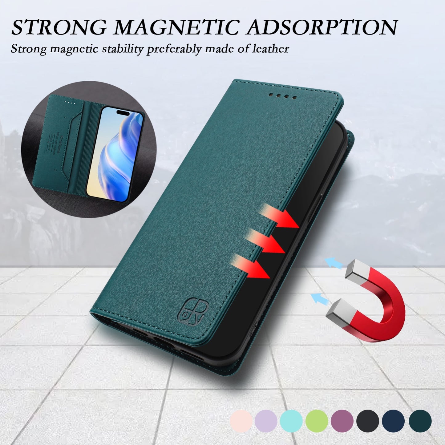 Apple iPhone 8 Dual-Folded Magnetic Suction RFID Blocking PU Leather Wallet Phone Case with Card Slots, Cash Pocket, Kickstand, Full Protective Flip Cover