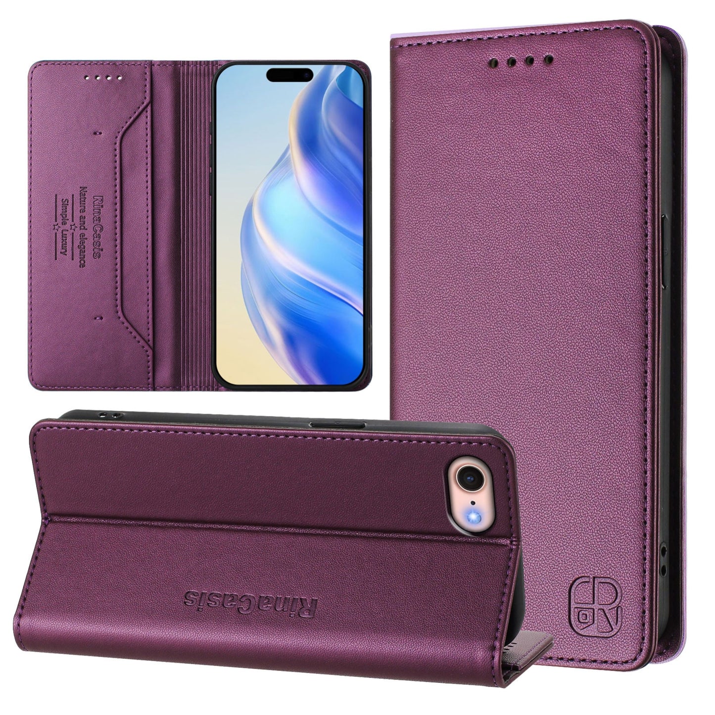 Apple iPhone 7 Dual-Folded Magnetic Suction RFID Blocking PU Leather Wallet Phone Case with Card Slots, Cash Pocket, Kickstand, Full Protective Flip Cover