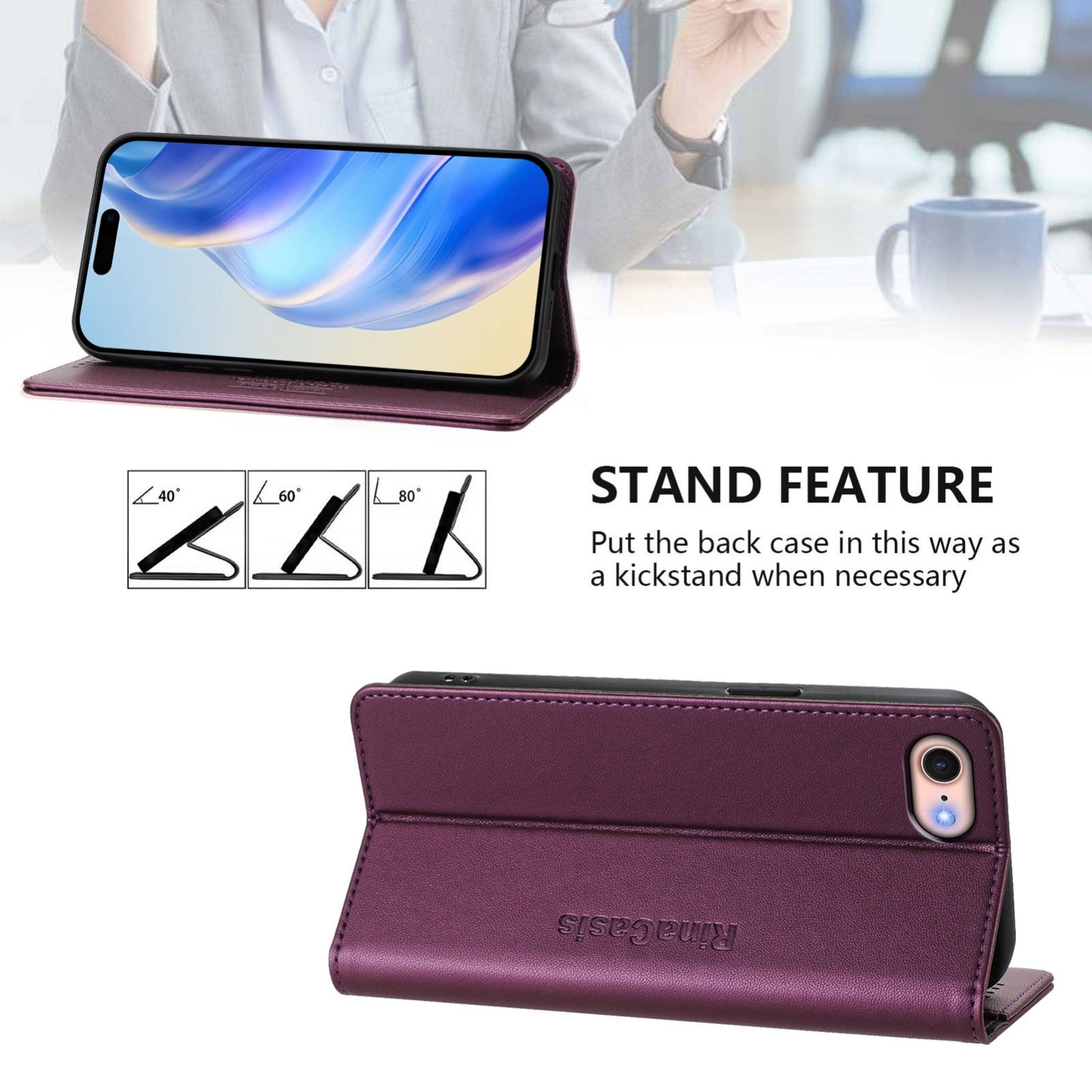 Apple iPhone 8 Dual-Folded Magnetic Suction RFID Blocking PU Leather Wallet Phone Case with Card Slots, Cash Pocket, Kickstand, Full Protective Flip Cover