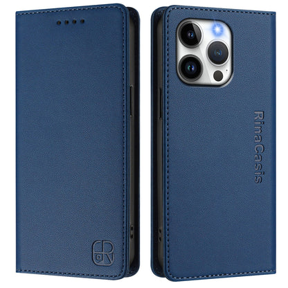 Apple iPhone 13 Pro Dual-Folded Magnetic Suction RFID Blocking PU Leather Wallet Phone Case with Card Slots, Cash Pocket, Kickstand, Full Protective Flip Cover