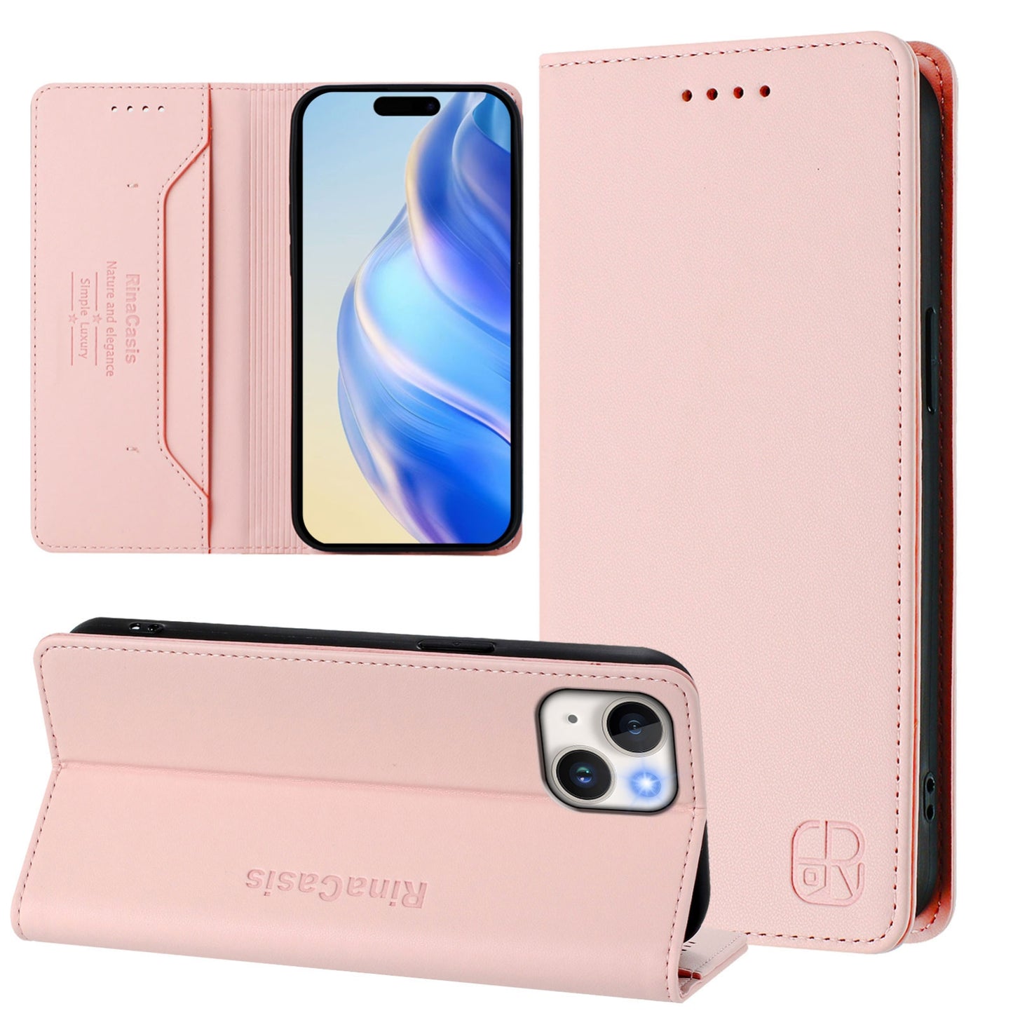 Apple iPhone 13 mini Dual-Folded Magnetic Suction RFID Blocking PU Leather Wallet Phone Case with Card Slots, Cash Pocket, Kickstand, Full Protective Flip Cover