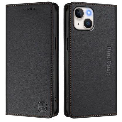 Apple iPhone 13 mini Dual-Folded Magnetic Suction RFID Blocking PU Leather Wallet Phone Case with Card Slots, Cash Pocket, Kickstand, Full Protective Flip Cover