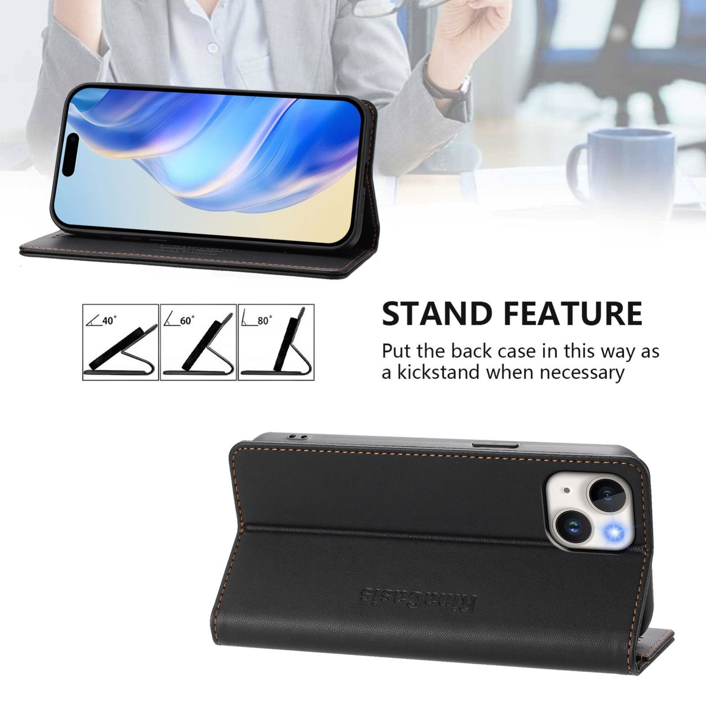 Apple iPhone 13 mini Dual-Folded Magnetic Suction RFID Blocking PU Leather Wallet Phone Case with Card Slots, Cash Pocket, Kickstand, Full Protective Flip Cover