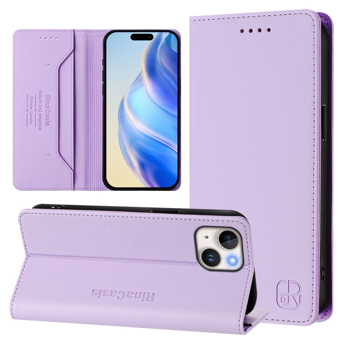 Apple iPhone 13 mini Dual-Folded Magnetic Suction RFID Blocking PU Leather Wallet Phone Case with Card Slots, Cash Pocket, Kickstand, Full Protective Flip Cover