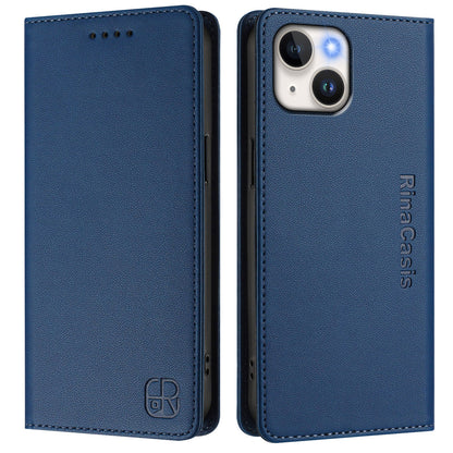 Apple iPhone 13 mini Dual-Folded Magnetic Suction RFID Blocking PU Leather Wallet Phone Case with Card Slots, Cash Pocket, Kickstand, Full Protective Flip Cover