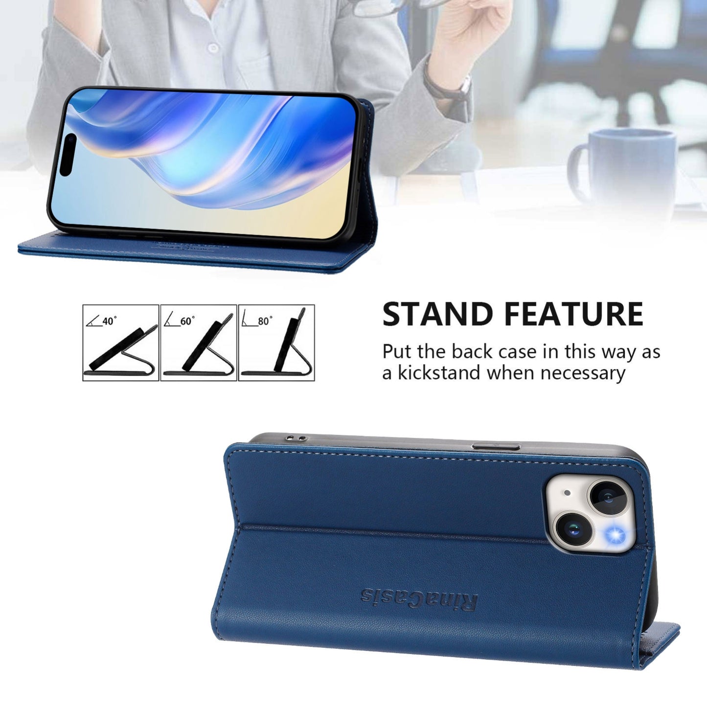 Apple iPhone 13 mini Dual-Folded Magnetic Suction RFID Blocking PU Leather Wallet Phone Case with Card Slots, Cash Pocket, Kickstand, Full Protective Flip Cover