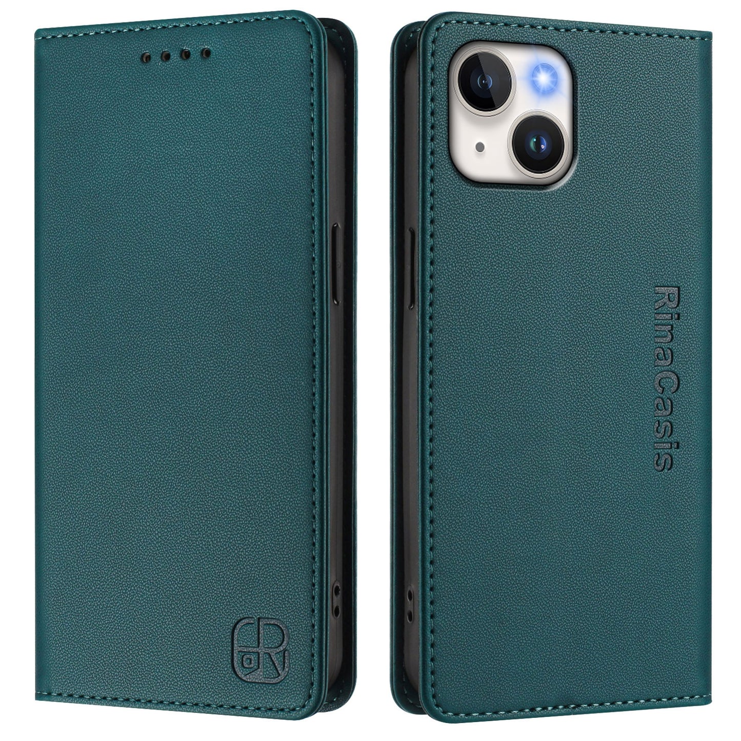 Apple iPhone 13 mini Dual-Folded Magnetic Suction RFID Blocking PU Leather Wallet Phone Case with Card Slots, Cash Pocket, Kickstand, Full Protective Flip Cover