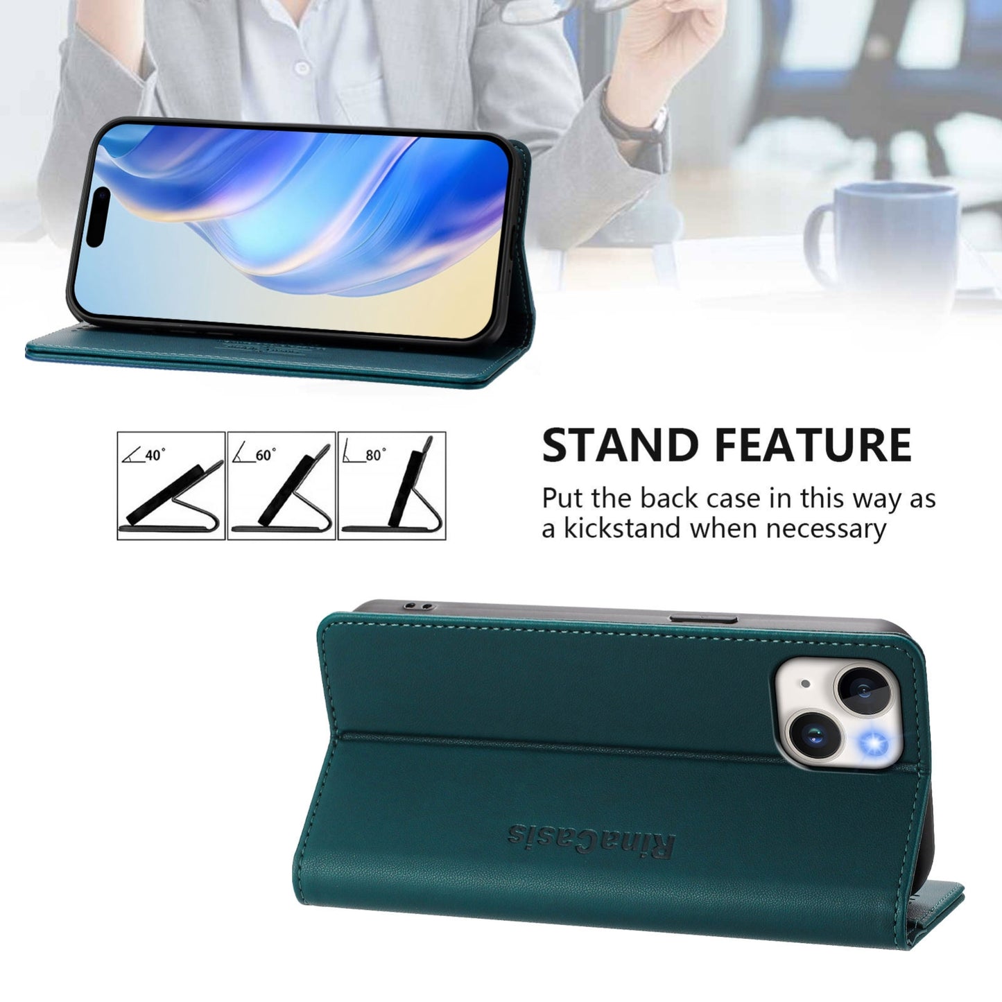 Apple iPhone 13 mini Dual-Folded Magnetic Suction RFID Blocking PU Leather Wallet Phone Case with Card Slots, Cash Pocket, Kickstand, Full Protective Flip Cover