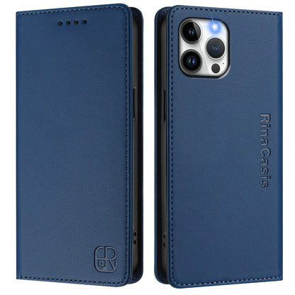 Apple iPhone 12 Dual-Folded Magnetic Suction RFID Blocking PU Leather Wallet Phone Case with Card Slots, Cash Pocket, Kickstand, Full Protective Flip Cover