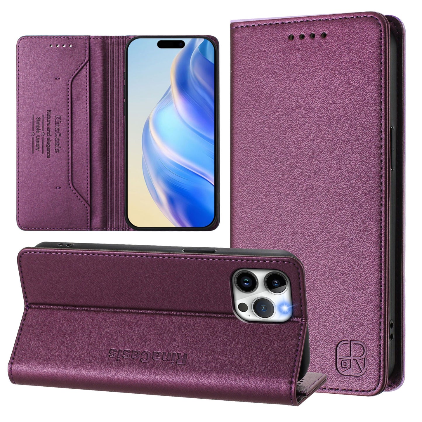 Apple iPhone 12 Pro Dual-Folded Magnetic Suction RFID Blocking PU Leather Wallet Phone Case with Card Slots, Cash Pocket, Kickstand, Full Protective Flip Cover