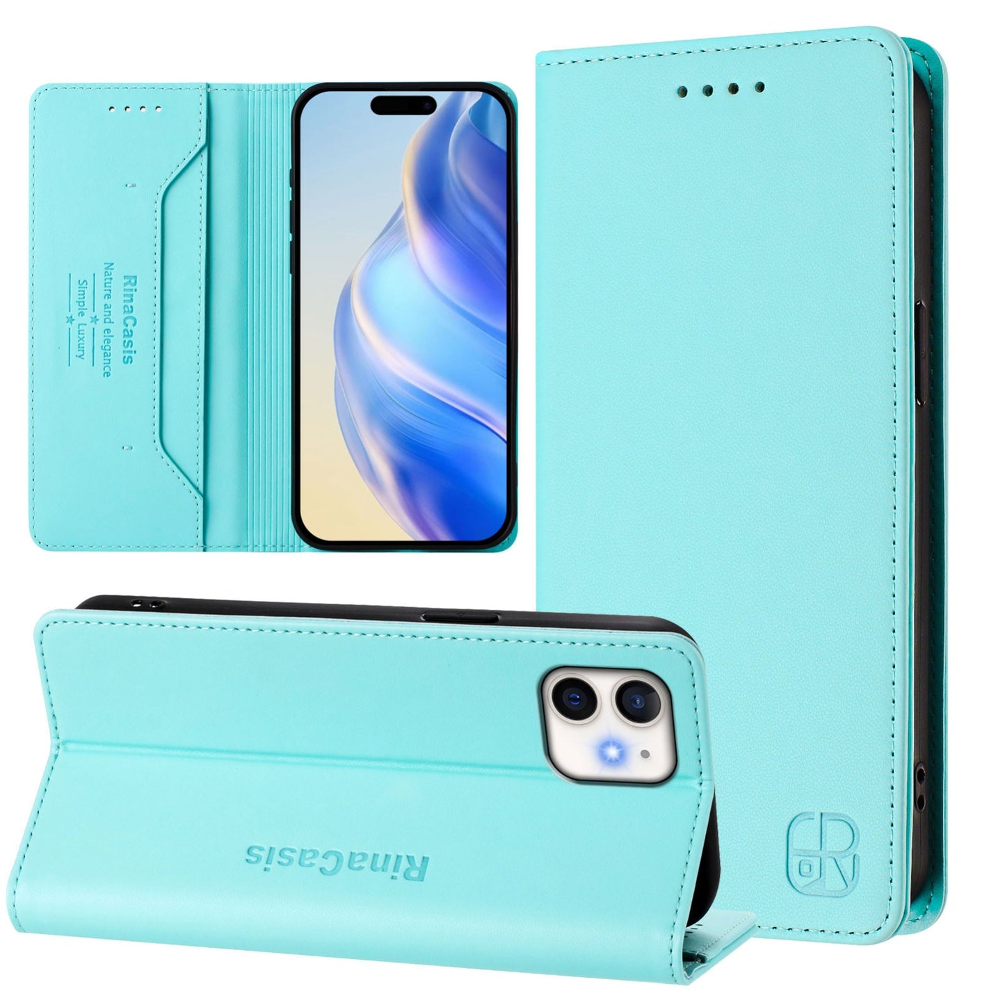 Apple iPhone 12 mini Dual-Folded Magnetic Suction RFID Blocking PU Leather Wallet Phone Case with Card Slots, Cash Pocket, Kickstand, Full Protective Flip Cover