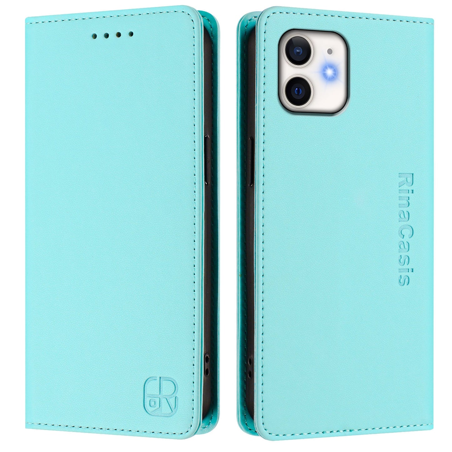 Apple iPhone 12 mini Dual-Folded Magnetic Suction RFID Blocking PU Leather Wallet Phone Case with Card Slots, Cash Pocket, Kickstand, Full Protective Flip Cover