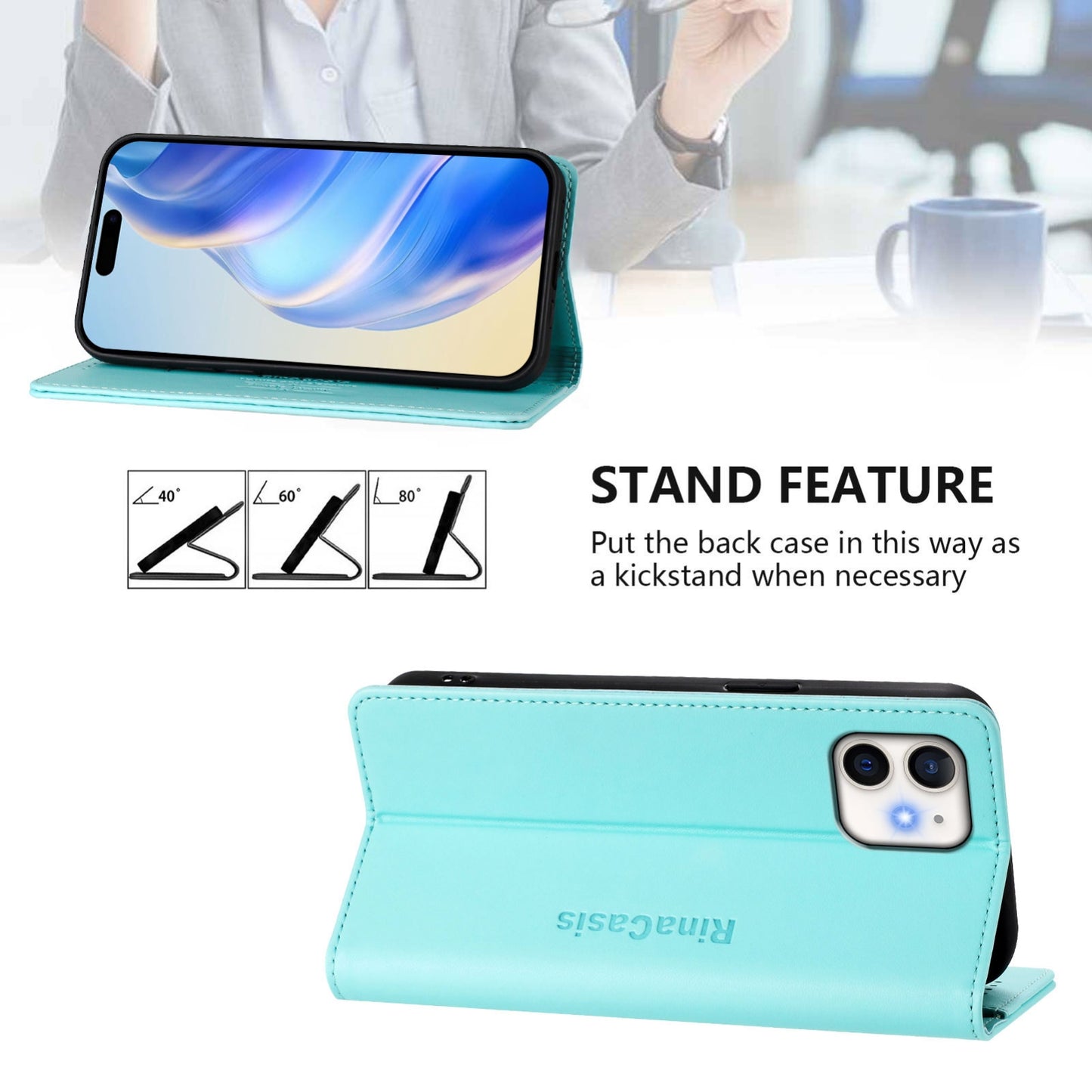 Apple iPhone 12 mini Dual-Folded Magnetic Suction RFID Blocking PU Leather Wallet Phone Case with Card Slots, Cash Pocket, Kickstand, Full Protective Flip Cover