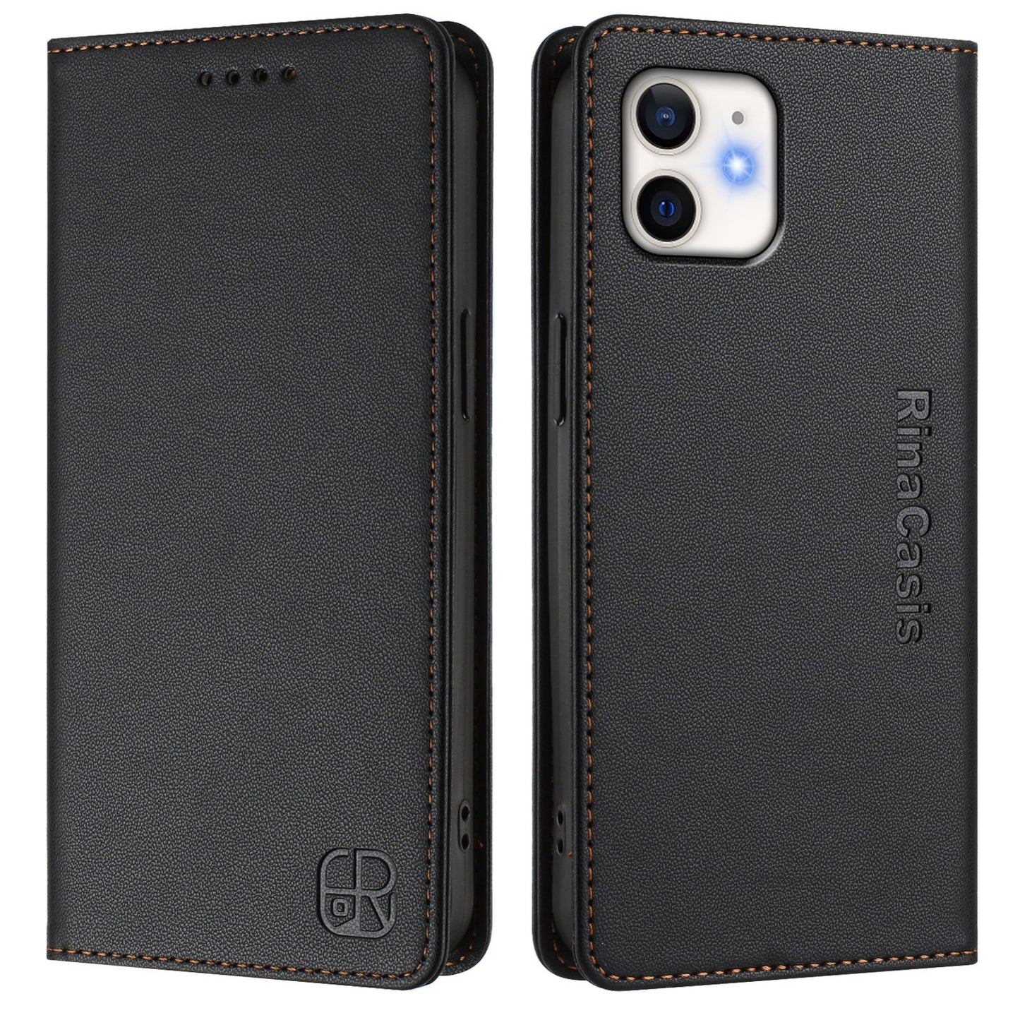 Apple iPhone 12 mini Dual-Folded Magnetic Suction RFID Blocking PU Leather Wallet Phone Case with Card Slots, Cash Pocket, Kickstand, Full Protective Flip Cover