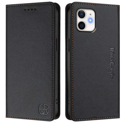 Apple iPhone 12 mini Dual-Folded Magnetic Suction RFID Blocking PU Leather Wallet Phone Case with Card Slots, Cash Pocket, Kickstand, Full Protective Flip Cover