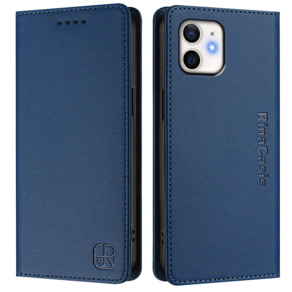 Apple iPhone 12 mini Dual-Folded Magnetic Suction RFID Blocking PU Leather Wallet Phone Case with Card Slots, Cash Pocket, Kickstand, Full Protective Flip Cover
