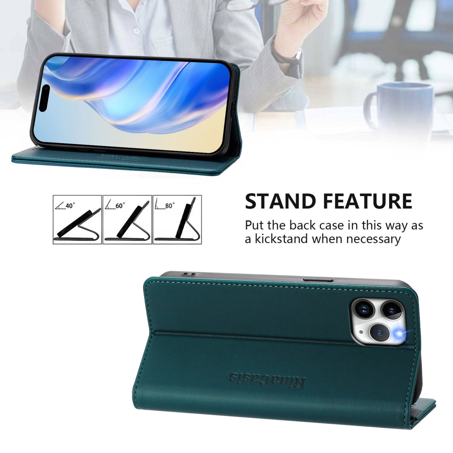Apple iPhone 11 Pro Dual-Folded Magnetic Suction RFID Blocking PU Leather Wallet Phone Case with Card Slots, Cash Pocket, Kickstand, Full Protective Flip Cover