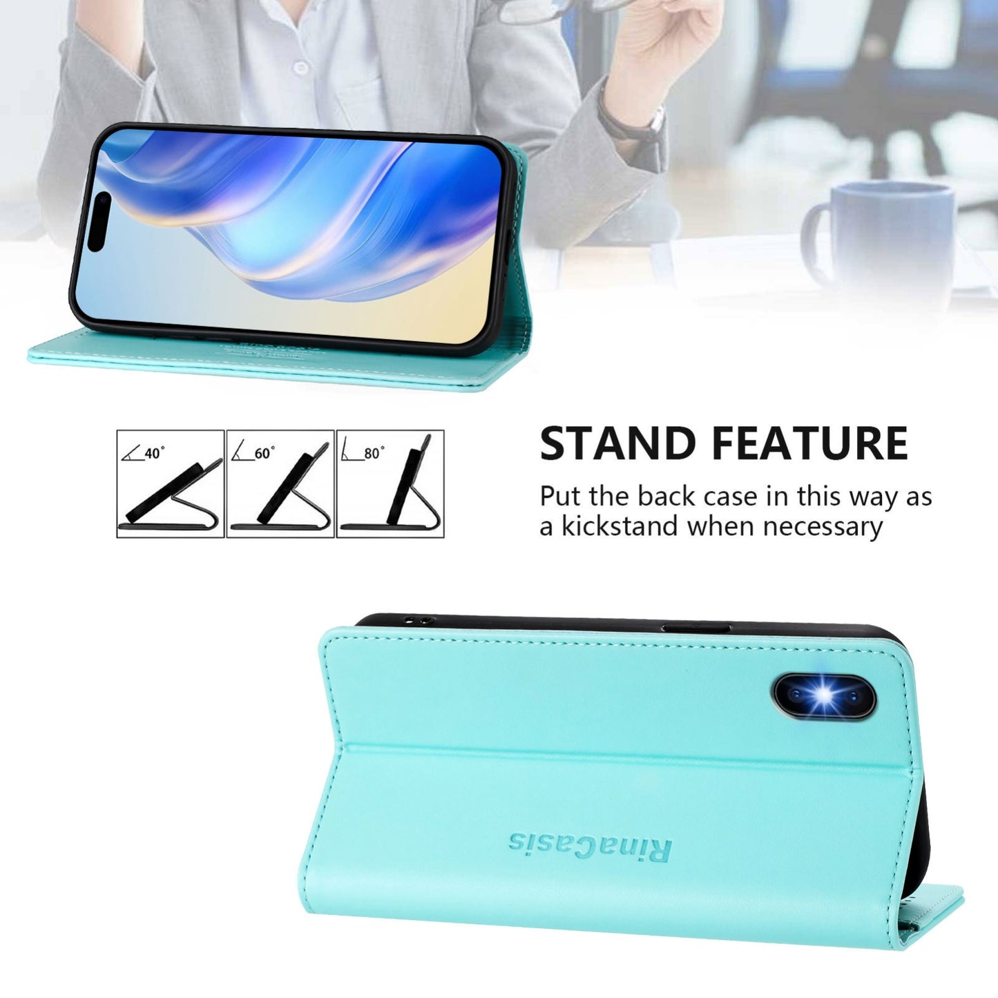 Apple iPhone X Dual-Folded Magnetic Suction RFID Blocking PU Leather Wallet Phone Case with Card Slots, Cash Pocket, Kickstand, Full Protective Flip Cover