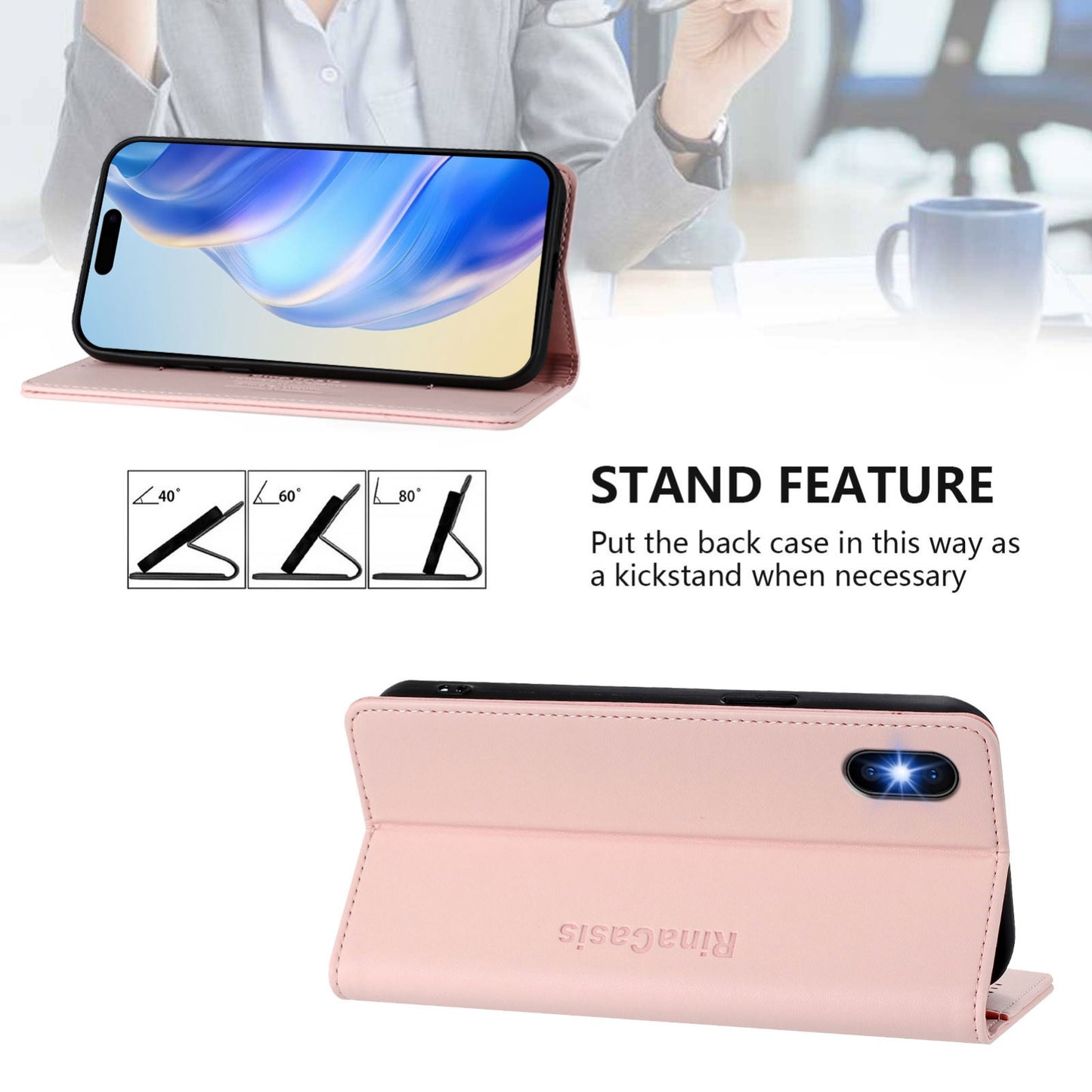 Apple iPhone XS Dual-Folded Magnetic Suction RFID Blocking PU Leather Wallet Phone Case with Card Slots, Cash Pocket, Kickstand, Full Protective Flip Cover