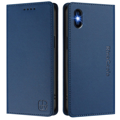 Apple iPhone X Dual-Folded Magnetic Suction RFID Blocking PU Leather Wallet Phone Case with Card Slots, Cash Pocket, Kickstand, Full Protective Flip Cover