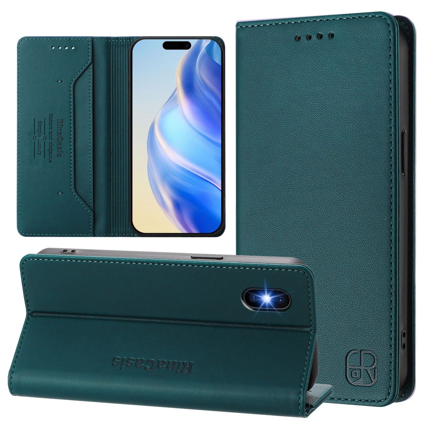 Apple iPhone XS Dual-Folded Magnetic Suction RFID Blocking PU Leather Wallet Phone Case with Card Slots, Cash Pocket, Kickstand, Full Protective Flip Cover