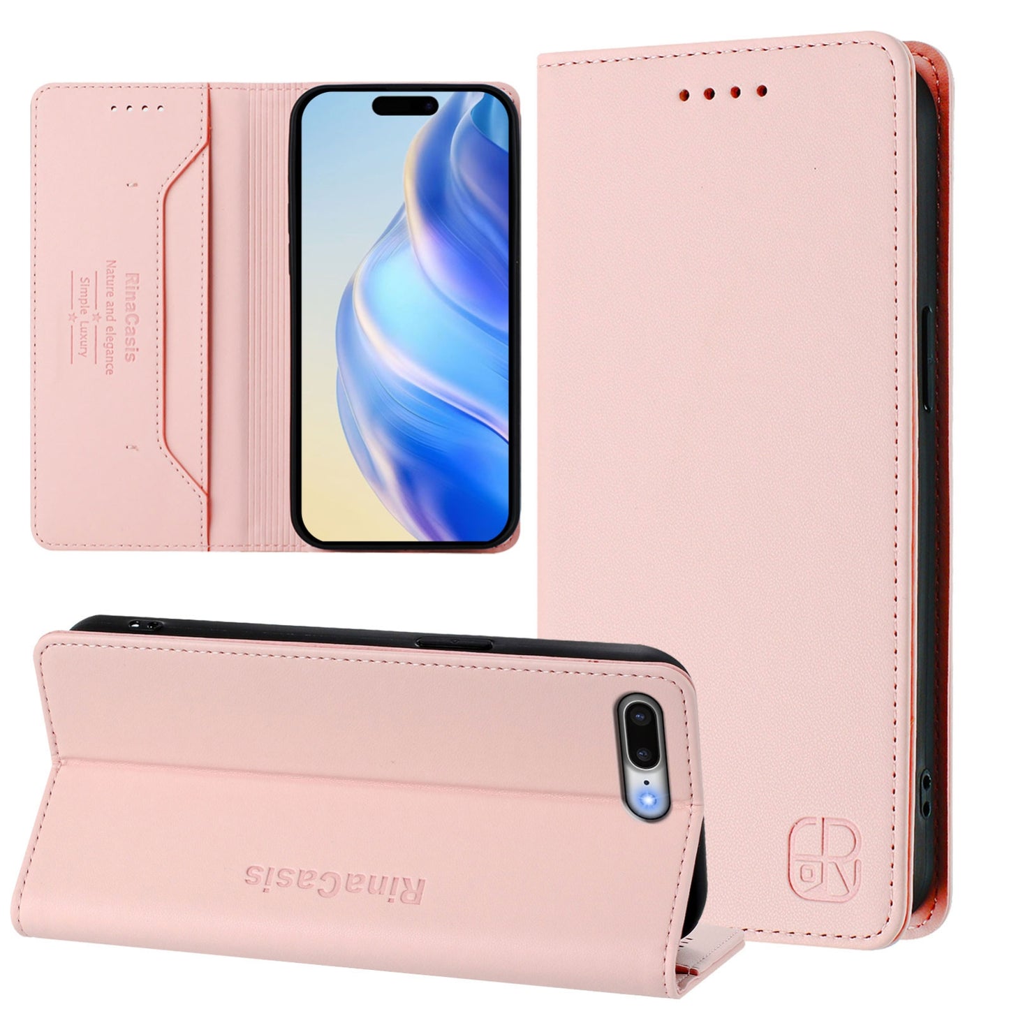 Apple iPhone 8 Plus Dual-Folded Magnetic Suction RFID Blocking PU Leather Wallet Phone Case with Card Slots, Cash Pocket, Kickstand, Full Protective Flip Cover
