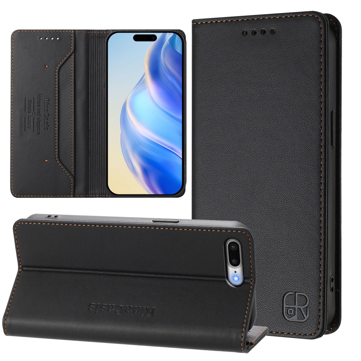 Apple iPhone 7 Plus Dual-Folded Magnetic Suction RFID Blocking PU Leather Wallet Phone Case with Card Slots, Cash Pocket, Kickstand, Full Protective Flip Cover