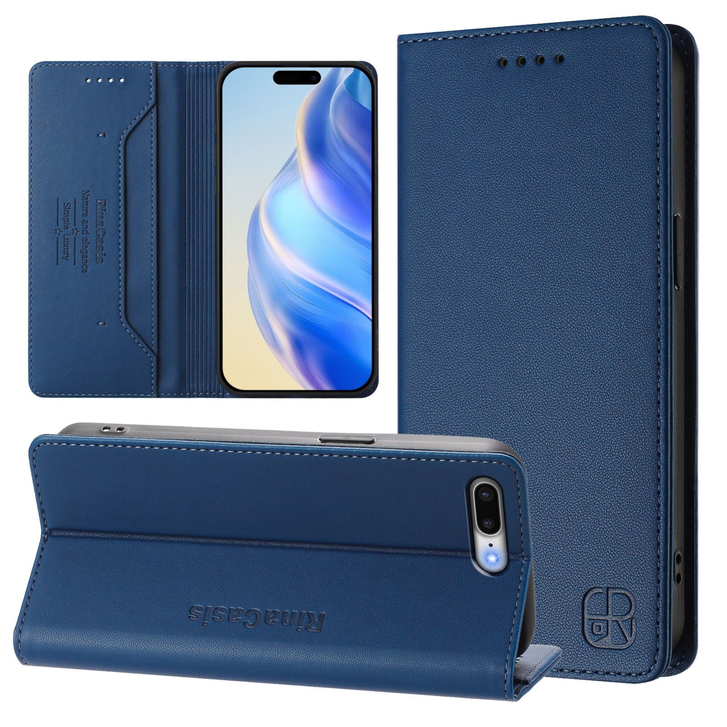 Apple iPhone 8 Plus Dual-Folded Magnetic Suction RFID Blocking PU Leather Wallet Phone Case with Card Slots, Cash Pocket, Kickstand, Full Protective Flip Cover