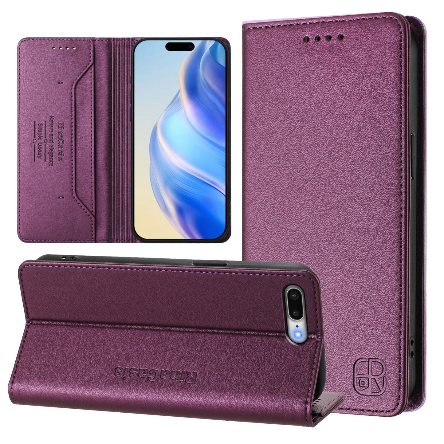 Apple iPhone 7 Plus Dual-Folded Magnetic Suction RFID Blocking PU Leather Wallet Phone Case with Card Slots, Cash Pocket, Kickstand, Full Protective Flip Cover